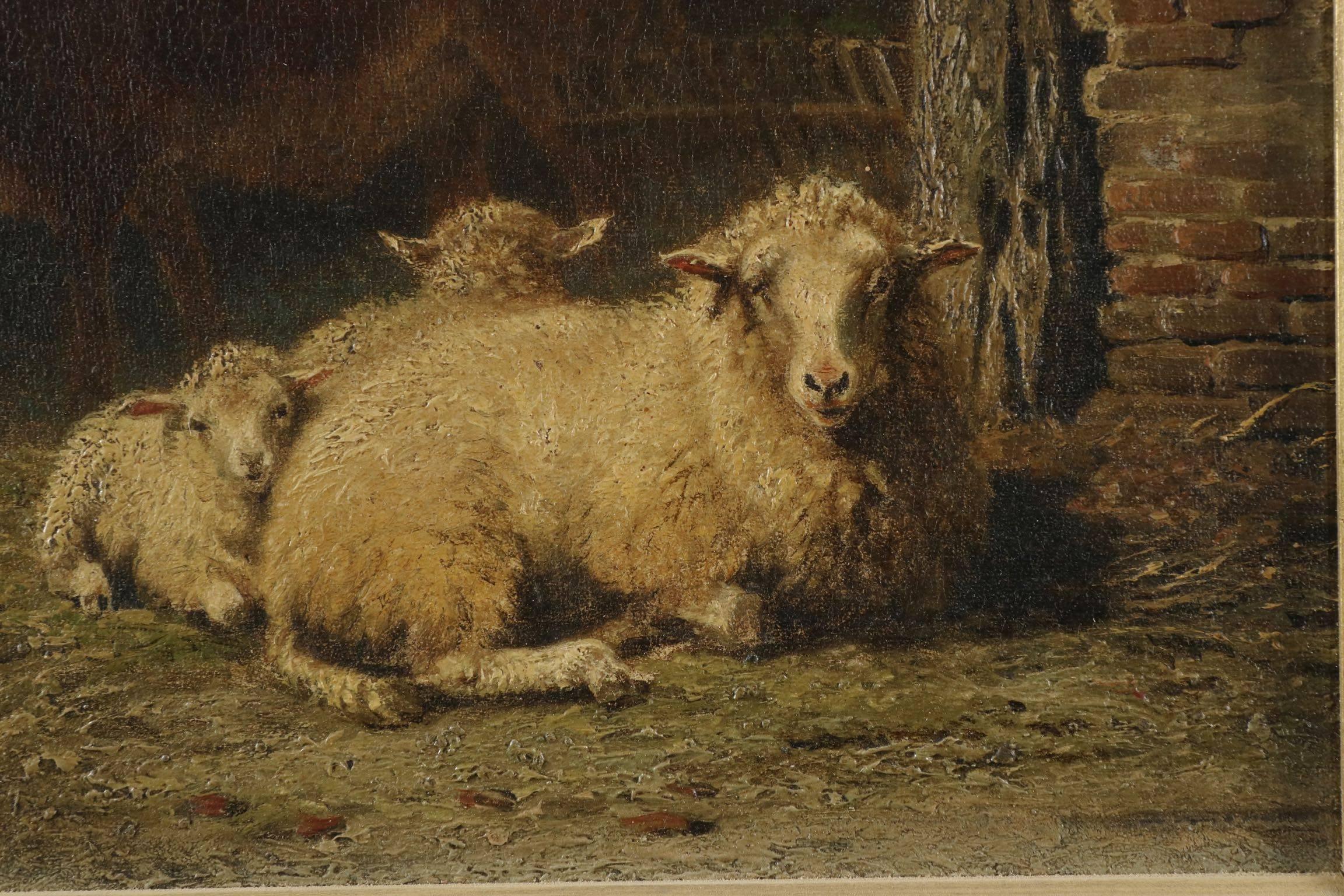 Frans Lebret, Antique Farmyard Painting of Sheep and Cow 1