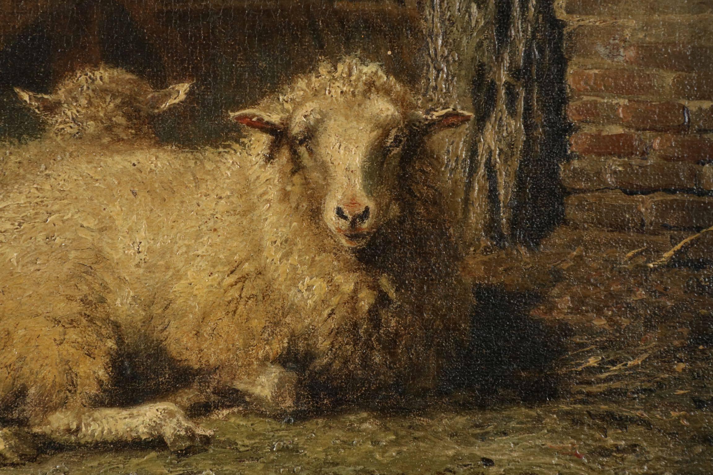 Frans Lebret, Antique Farmyard Painting of Sheep and Cow 2