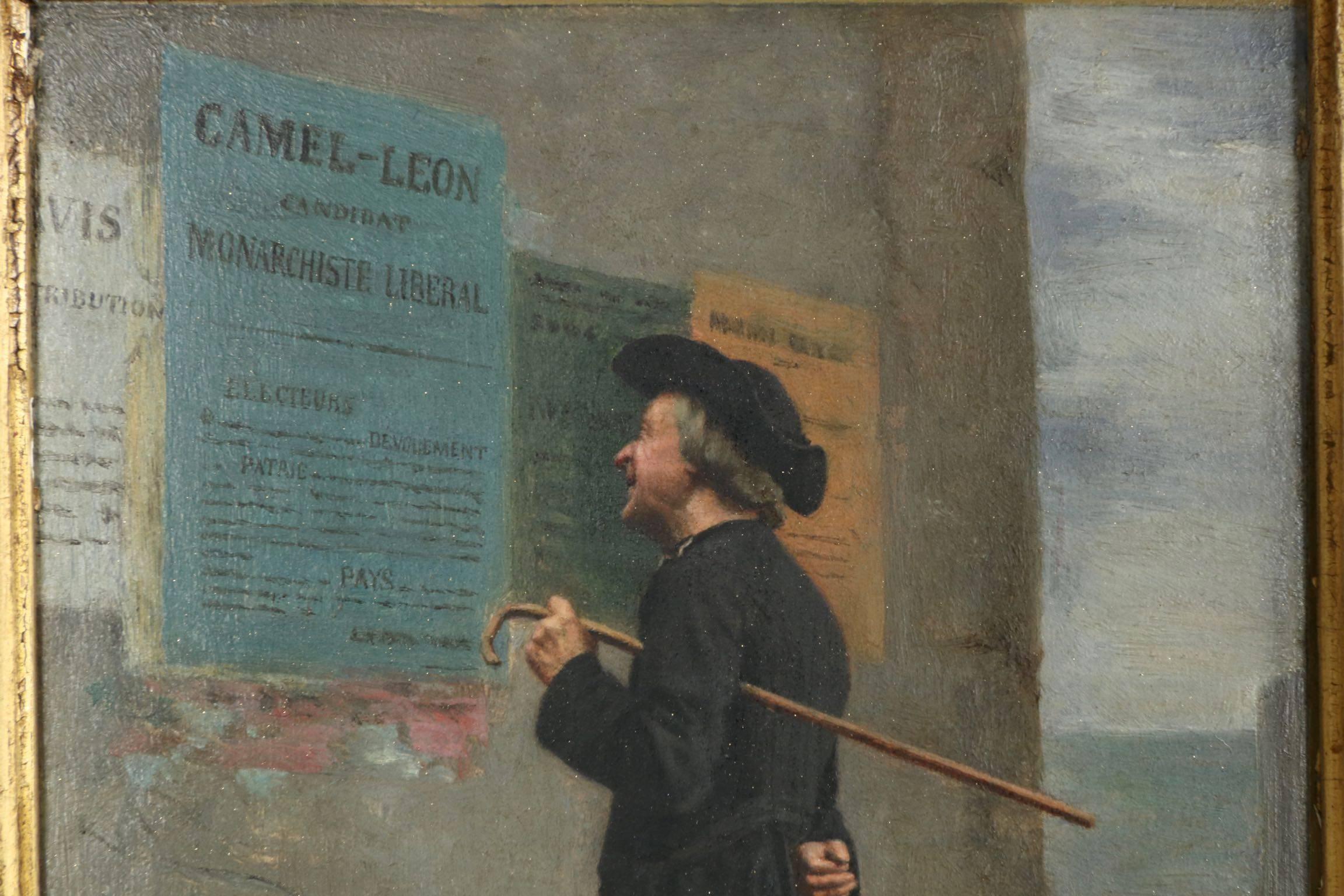 A humorous scene depicting a parish priest in his simple black garment studying the political posters affixed to the wall. The village around him is Stark, devoid of ornament leaving the lone figure as the focal point. With his hand is clasped