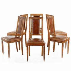 Art Deco Carved Walnut Dining Table with Six Leather Chairs, France, circa 1920s