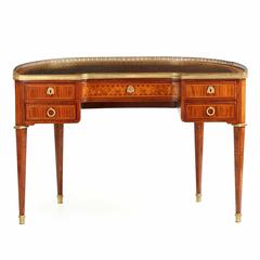 French Neoclassical Demilune Parquetry Leather Top Writing Desk