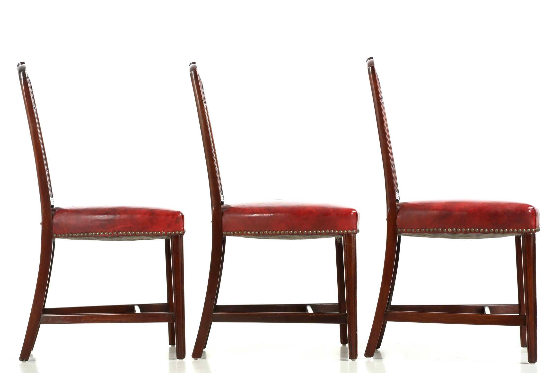 Brass Set of Eight American Federal Style Mahogany and Birch Dining Chairs