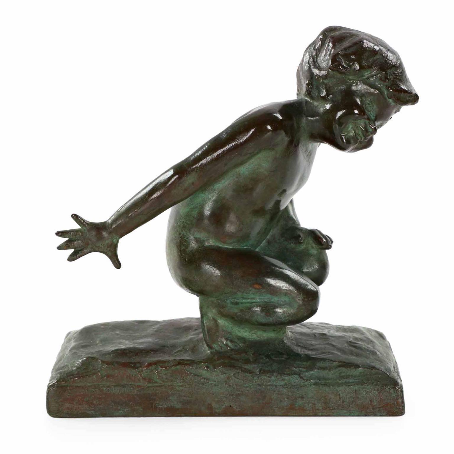 A precious rendition of childhood executed by Edith Parsons and cast by the Gorham Co. foundry in New York, this exquisite little work captures a young child with his hand outstretched to a companion out of sight. The casting quality is simply