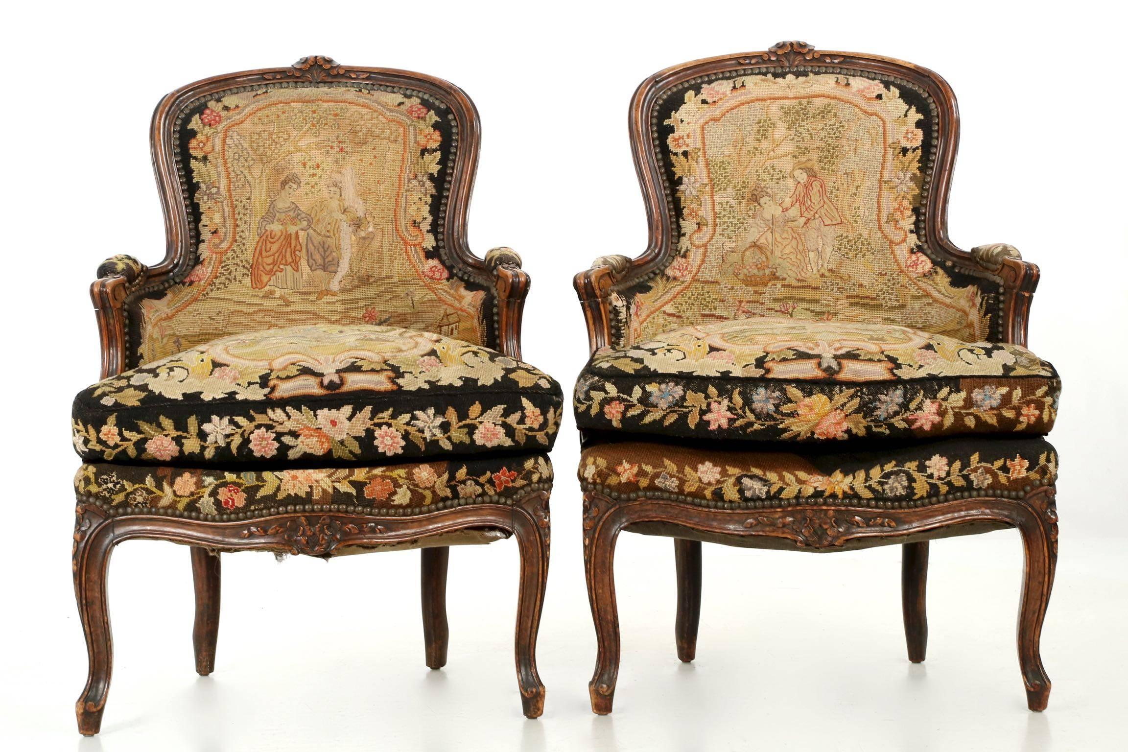 This is such an interesting pair of bergeres with their rich early surfaces and dark oxidization throughout. The arms are rubbed into a rich burnished patina over the reeded hand holds, the recesses remaining a gorgeous charcoal from years of