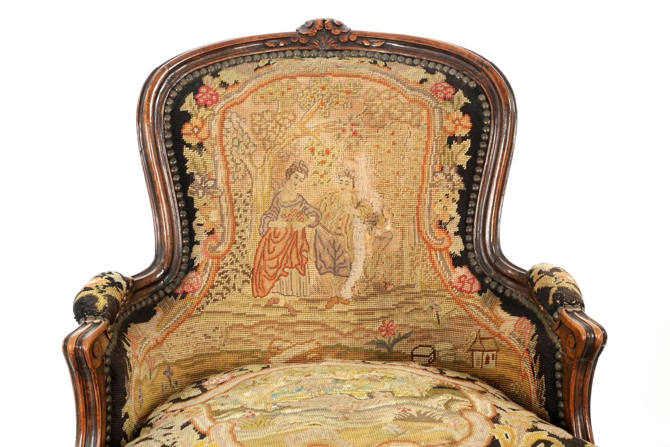 Unknown French Louis XV Pair of Fruitwood Bergeres, 19th Century
