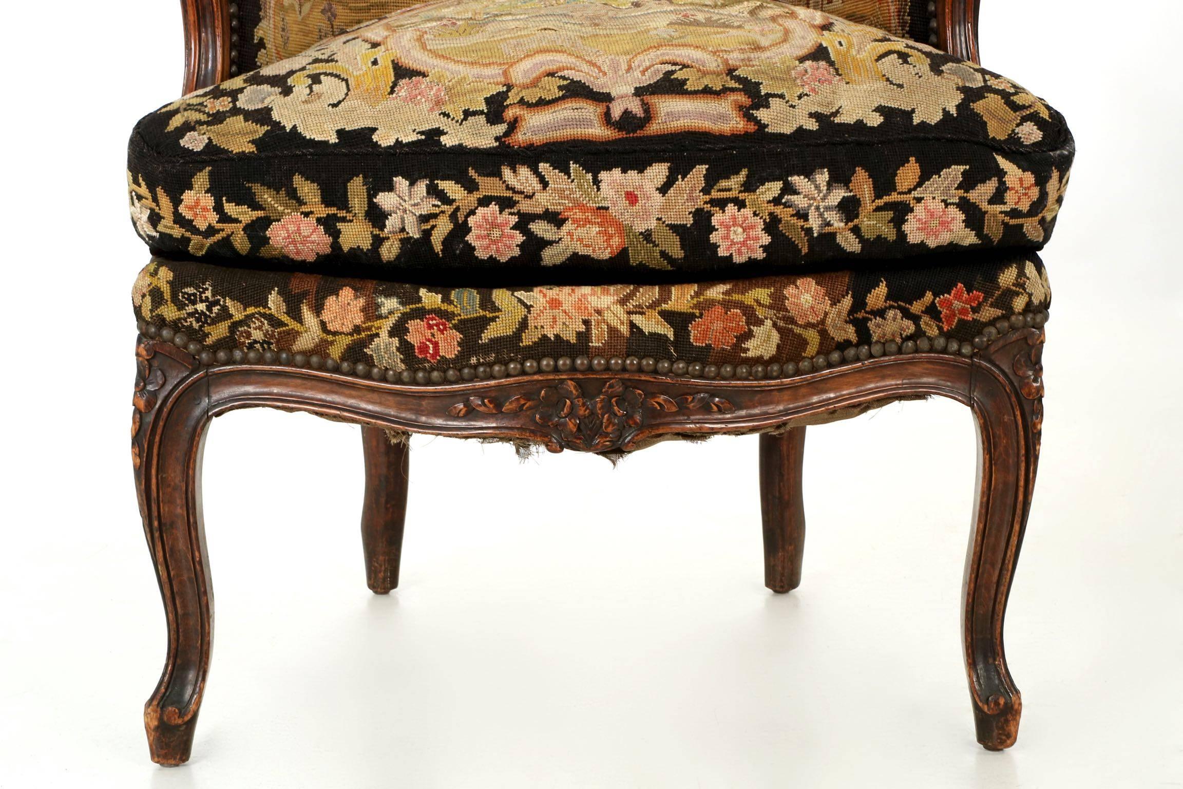 Carved French Louis XV Pair of Fruitwood Bergeres, 19th Century