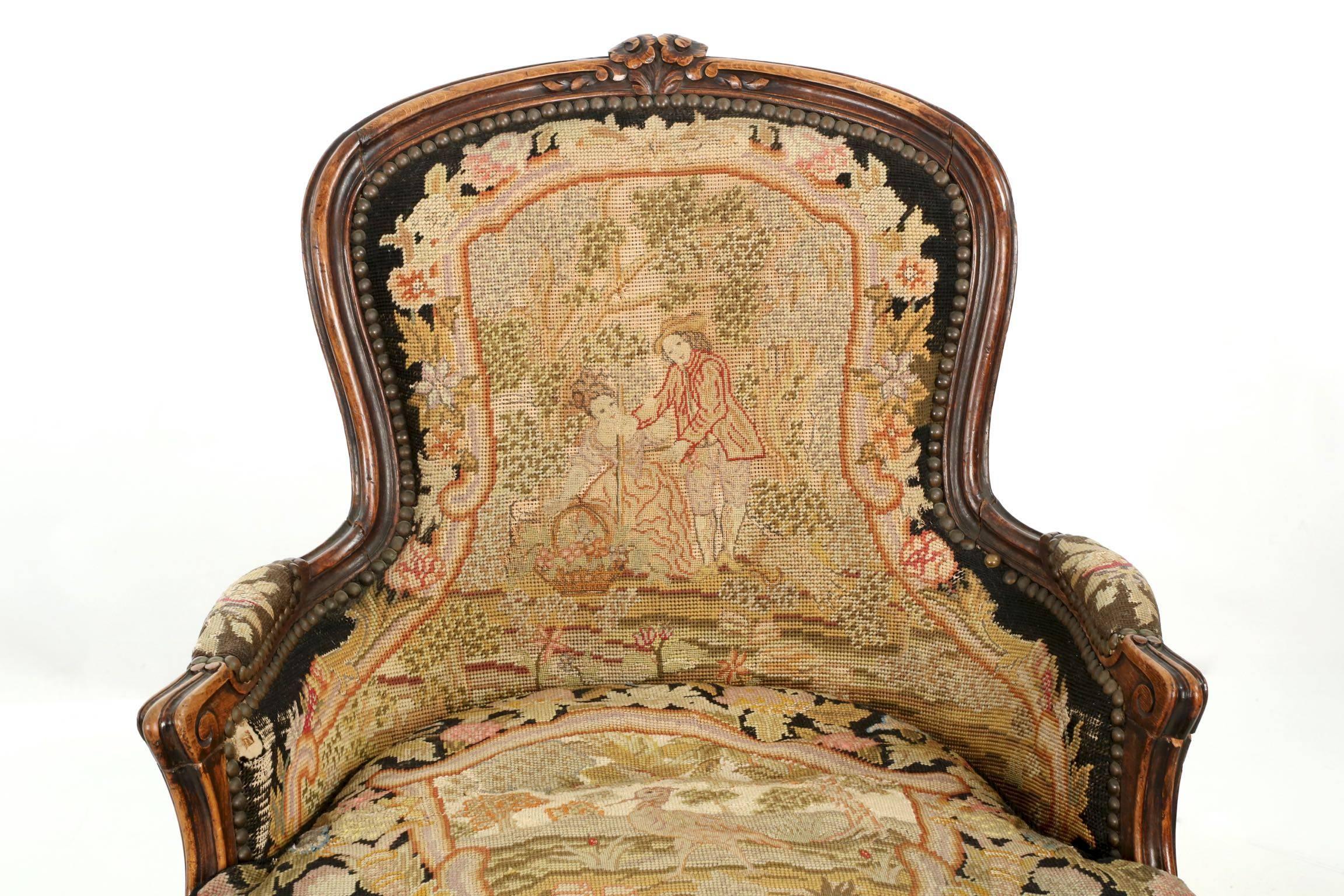 French Louis XV Pair of Fruitwood Bergeres, 19th Century In Good Condition In Shippensburg, PA