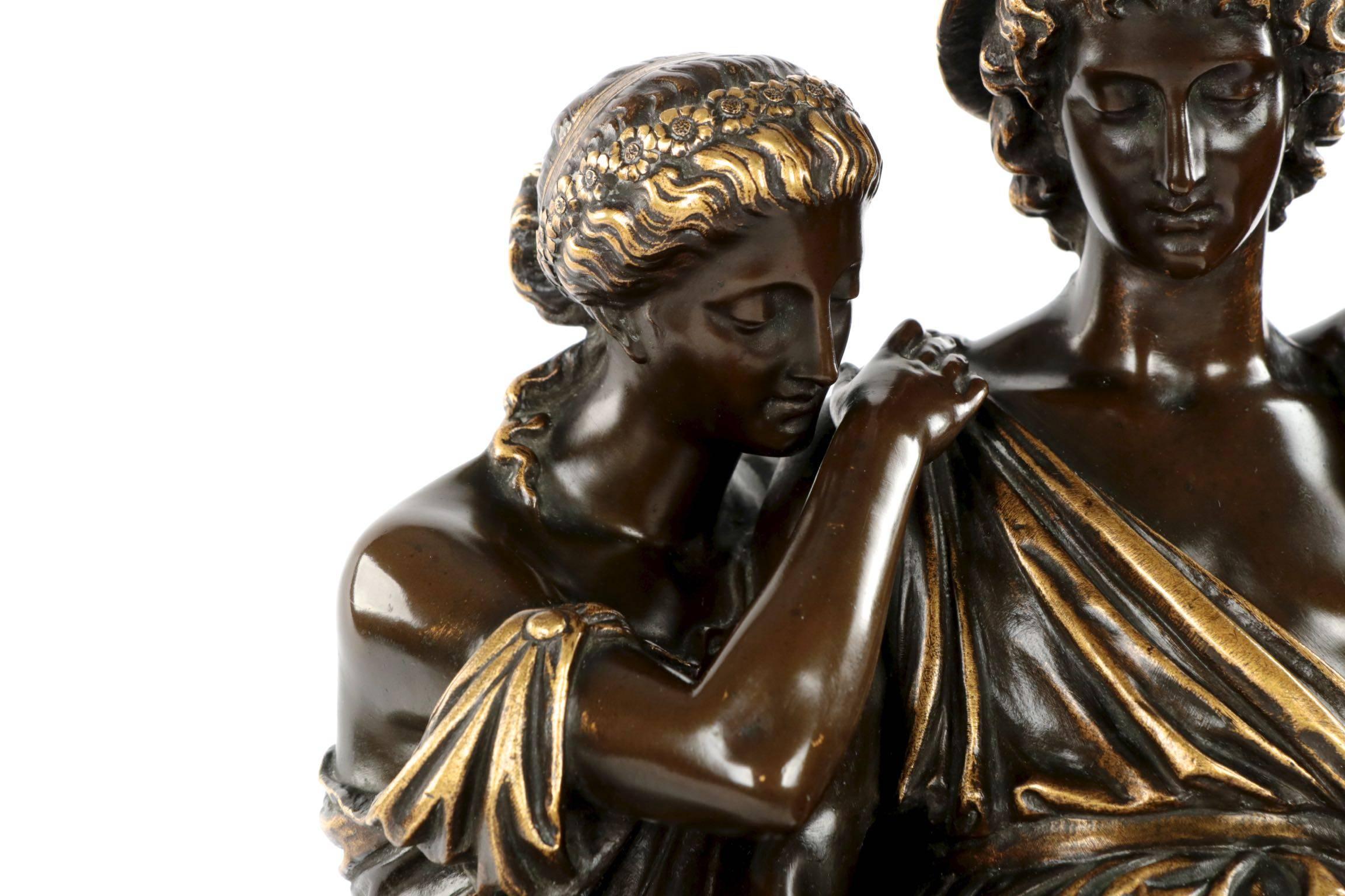 This exquisitely cast bronze group is noteworthy for it’s use of gilt highlights against the dark brown patina, a most effective method of emphasizing the lines and form of each element in the work. It is known as Bergers d’Arcadie, the Shepherds of