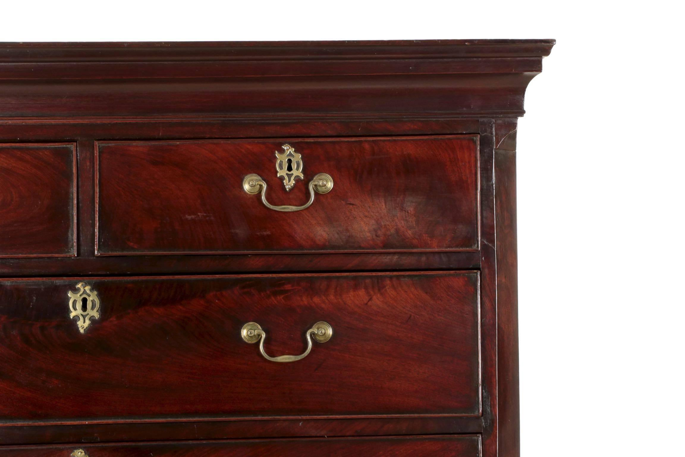 Brass English George III Flame Mahogany Tall Chest on Chest of Drawers, circa 1780