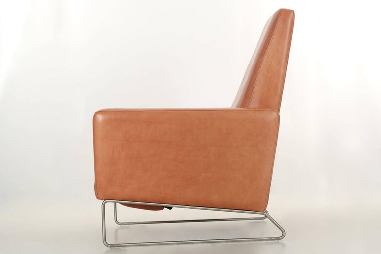 Ted Boerner For Dwr Caramel Brown Reclining Leather Lounge Chair On Ted Boerner For Dwr Caramel Brown Reclining Leather Lounge Chair On Steel Legs In Excellent