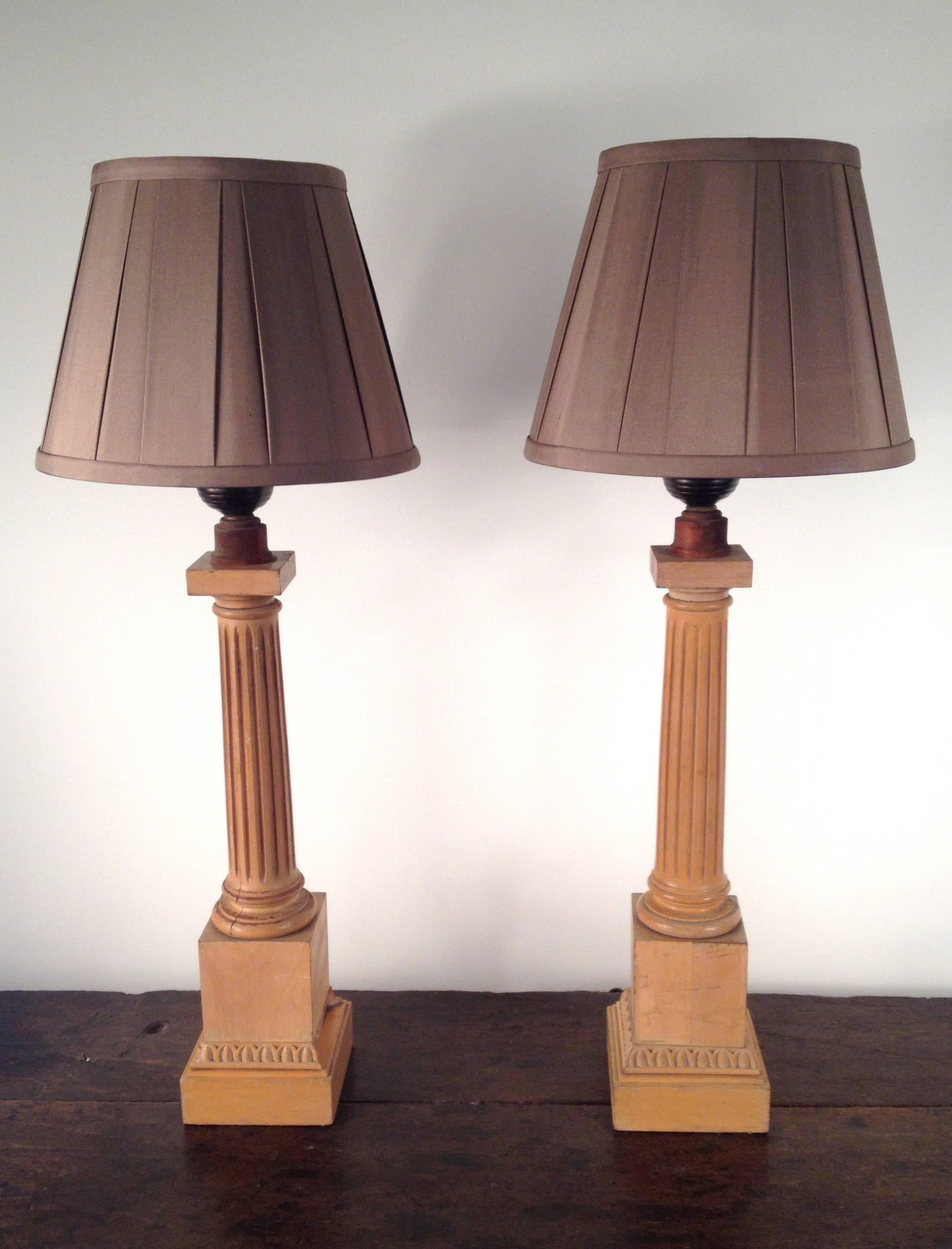 Pair of 1920s Wood Fluted Column Lamps For Sale 2