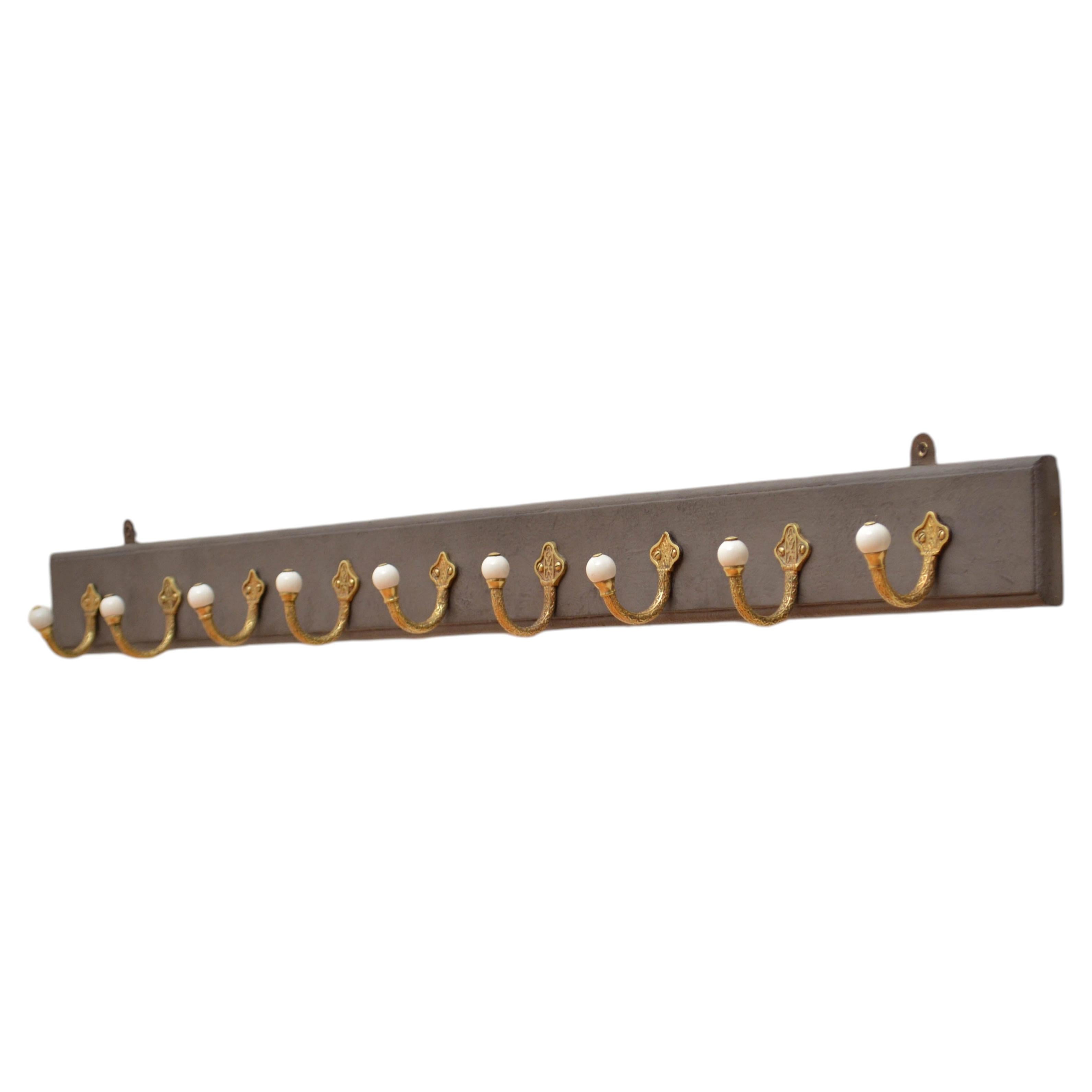 Victorian Antique Coat Rack with Cast Brass and Ceramic Hooks, Circa 1880 For Sale