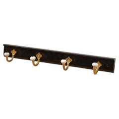 Victorian Decorative Brass and Ceramic Coat Hooks on Ebonised Solid Oak