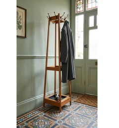 Appendiabiti in rovere in stile Mid-Century con doppio gancio e portaombrelli
