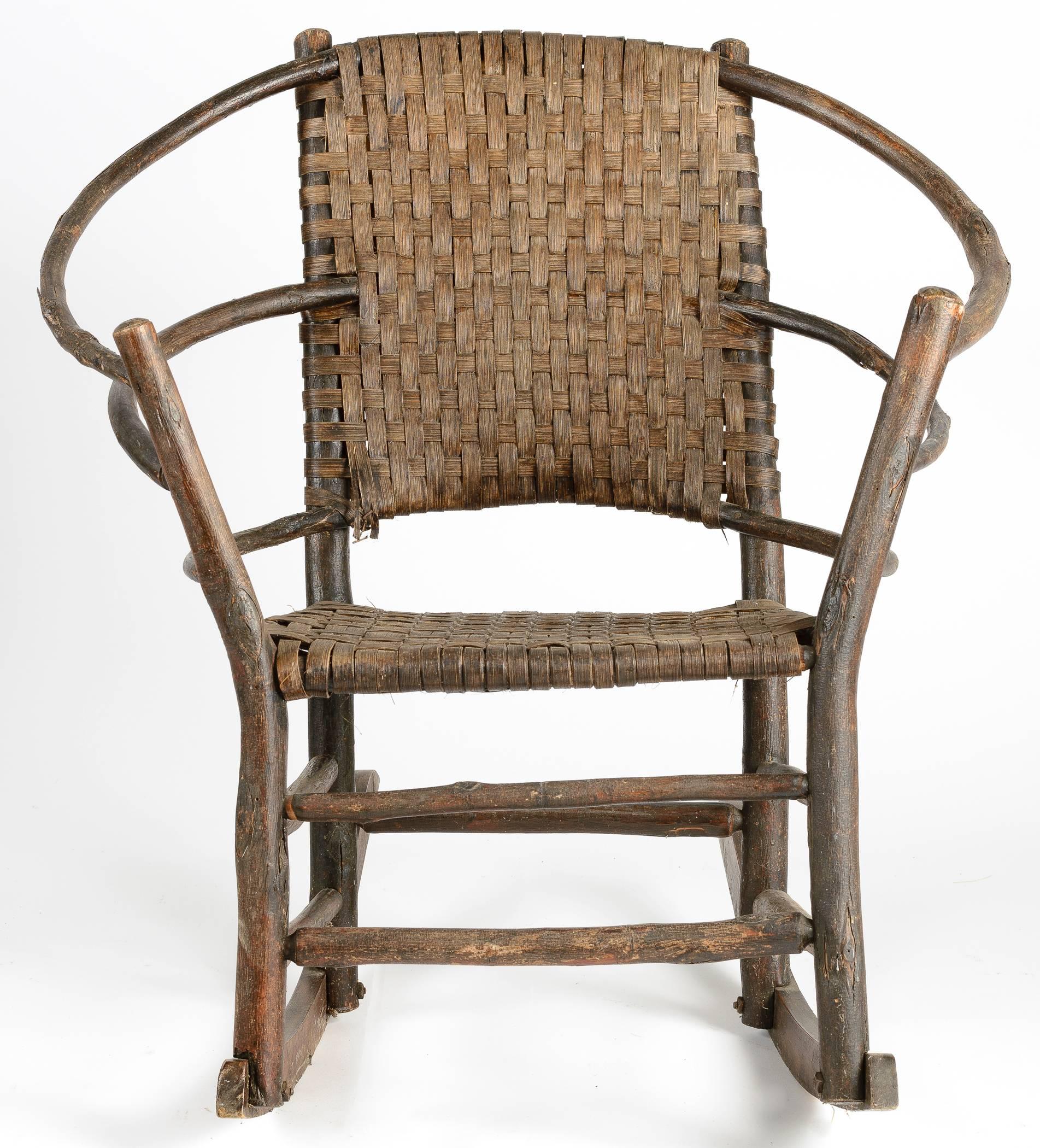 American Adirondack Hickory Rocker with Woven Back and Seat In Distressed Condition In Carmel, CA