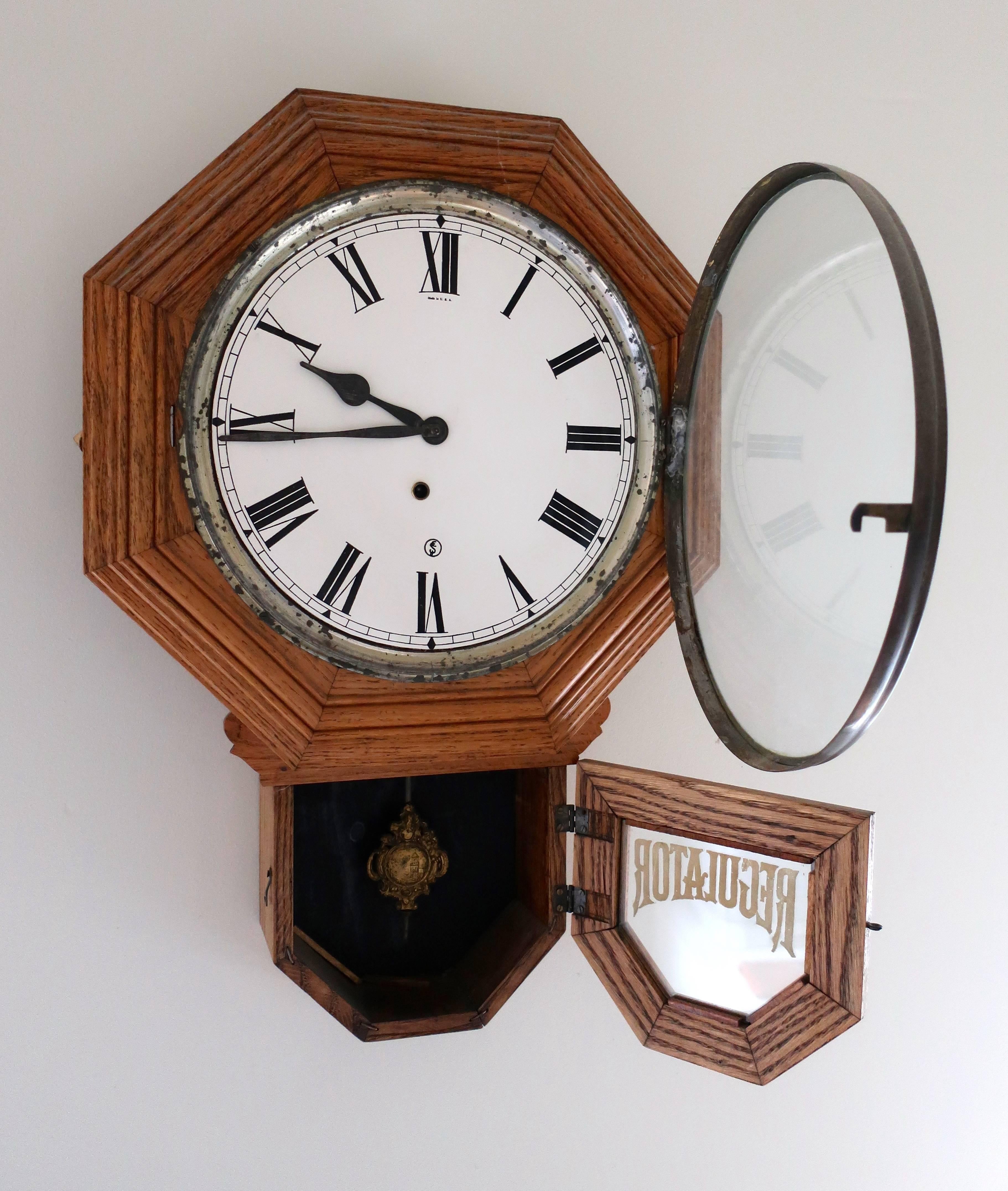 American Early 20th Century Oak Regulator Wall Clock