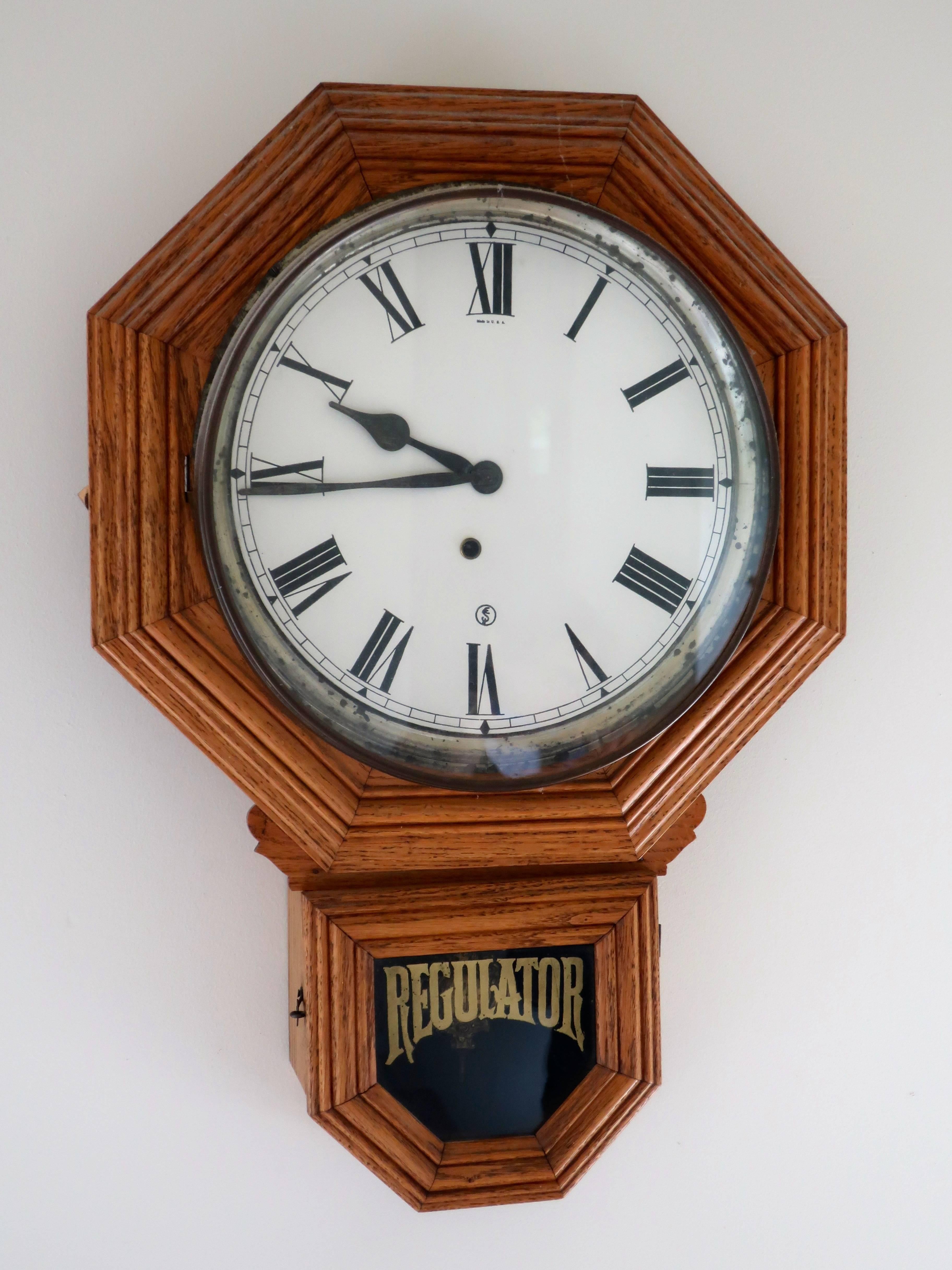 Early 20th Century Oak Regulator Wall Clock 1
