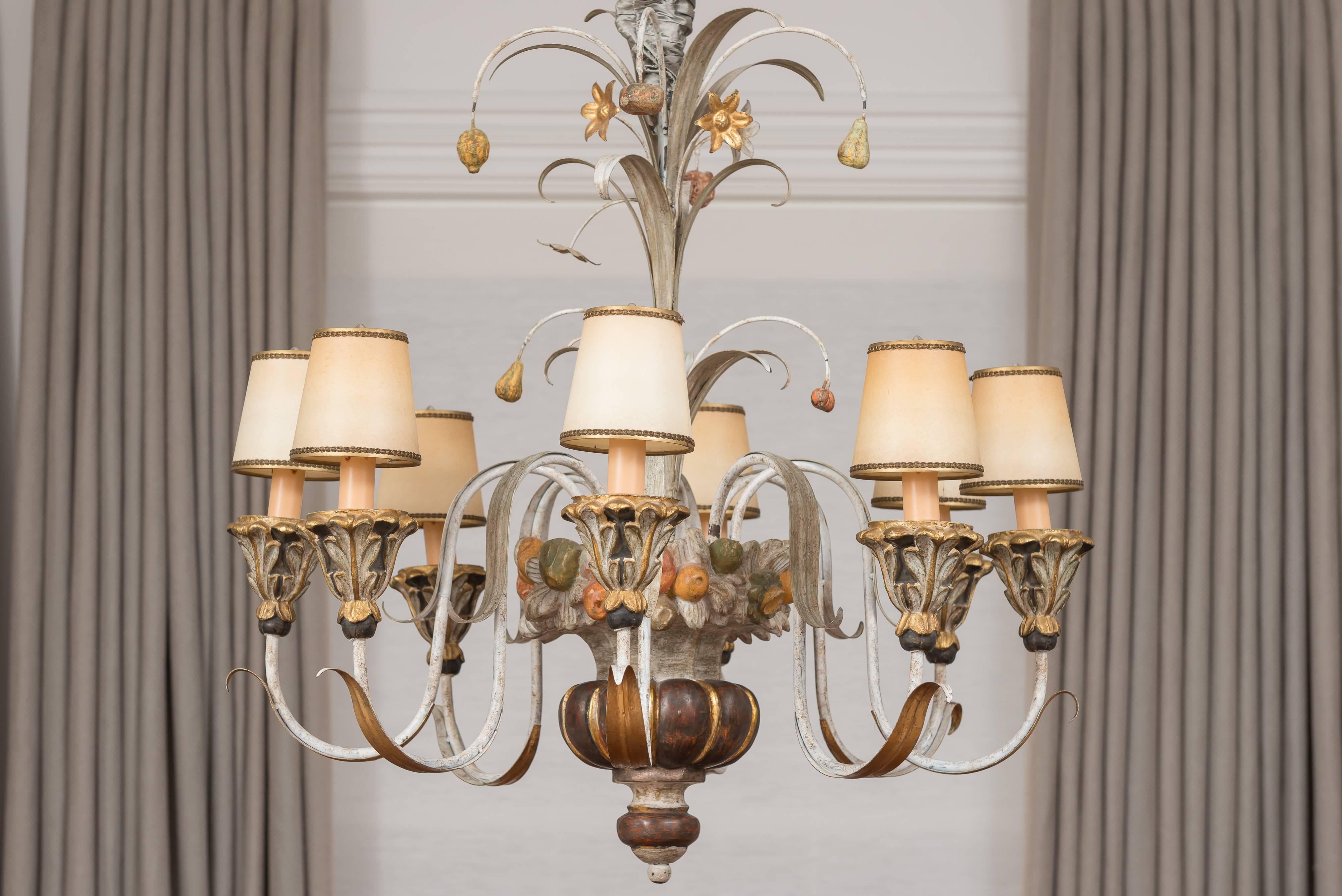 Hand-Carved Eight-Light Carved Wood Venetian Chandelier with Metal Detail