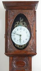 17th Century French Oak Tall CaseClock with Brass Rooster and Faience Clock Face