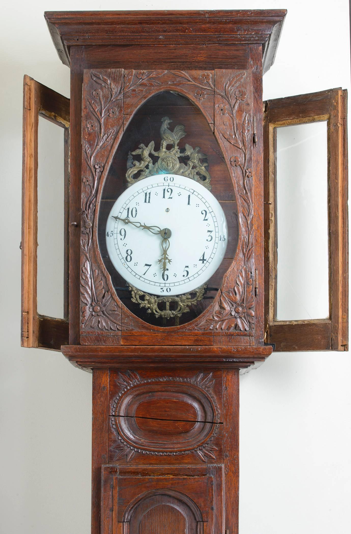 Other 17th Century French Oak Tall CaseClock with Brass Rooster and Faience Clock Face