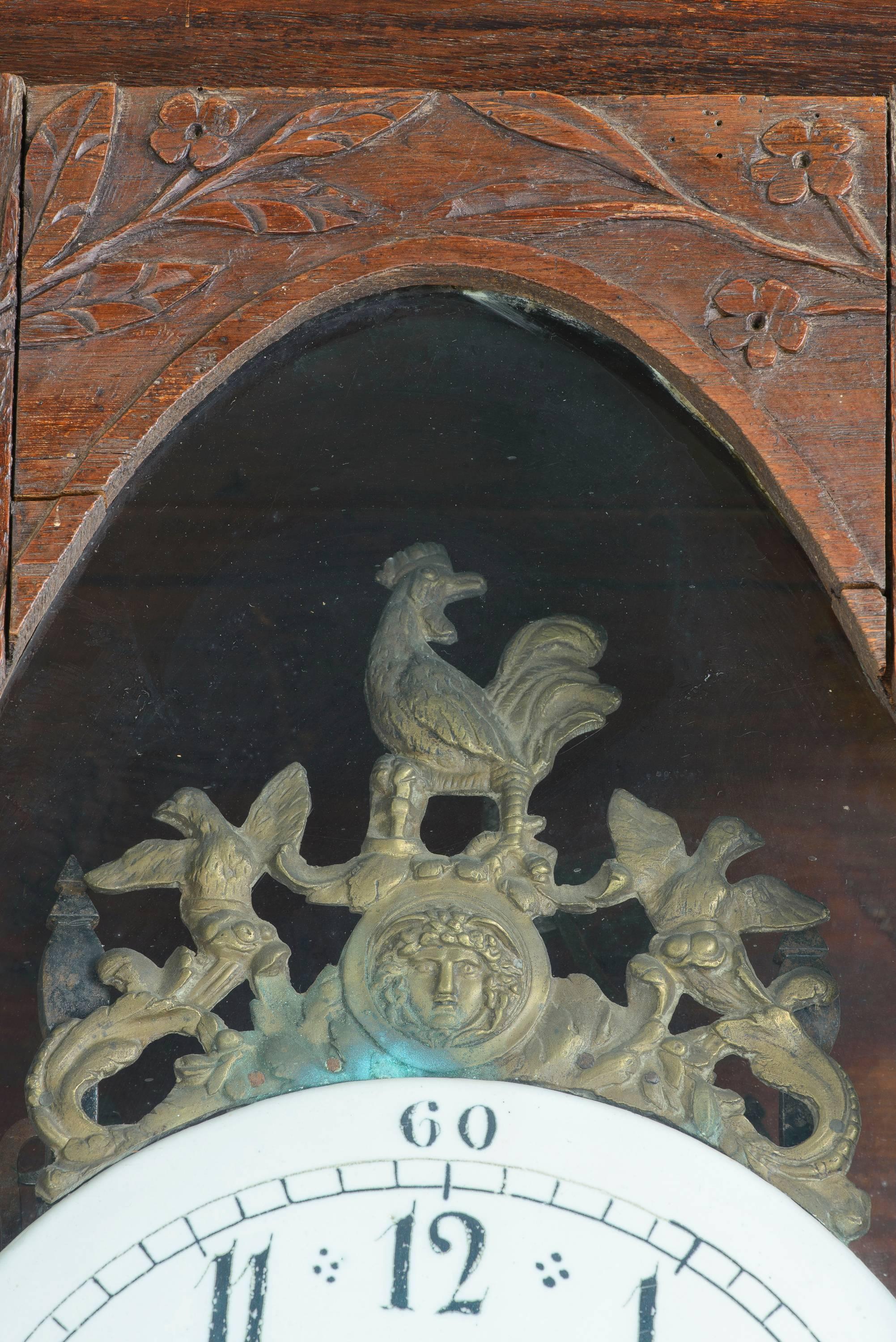 Hand-Carved 17th Century French Oak Tall CaseClock with Brass Rooster and Faience Clock Face