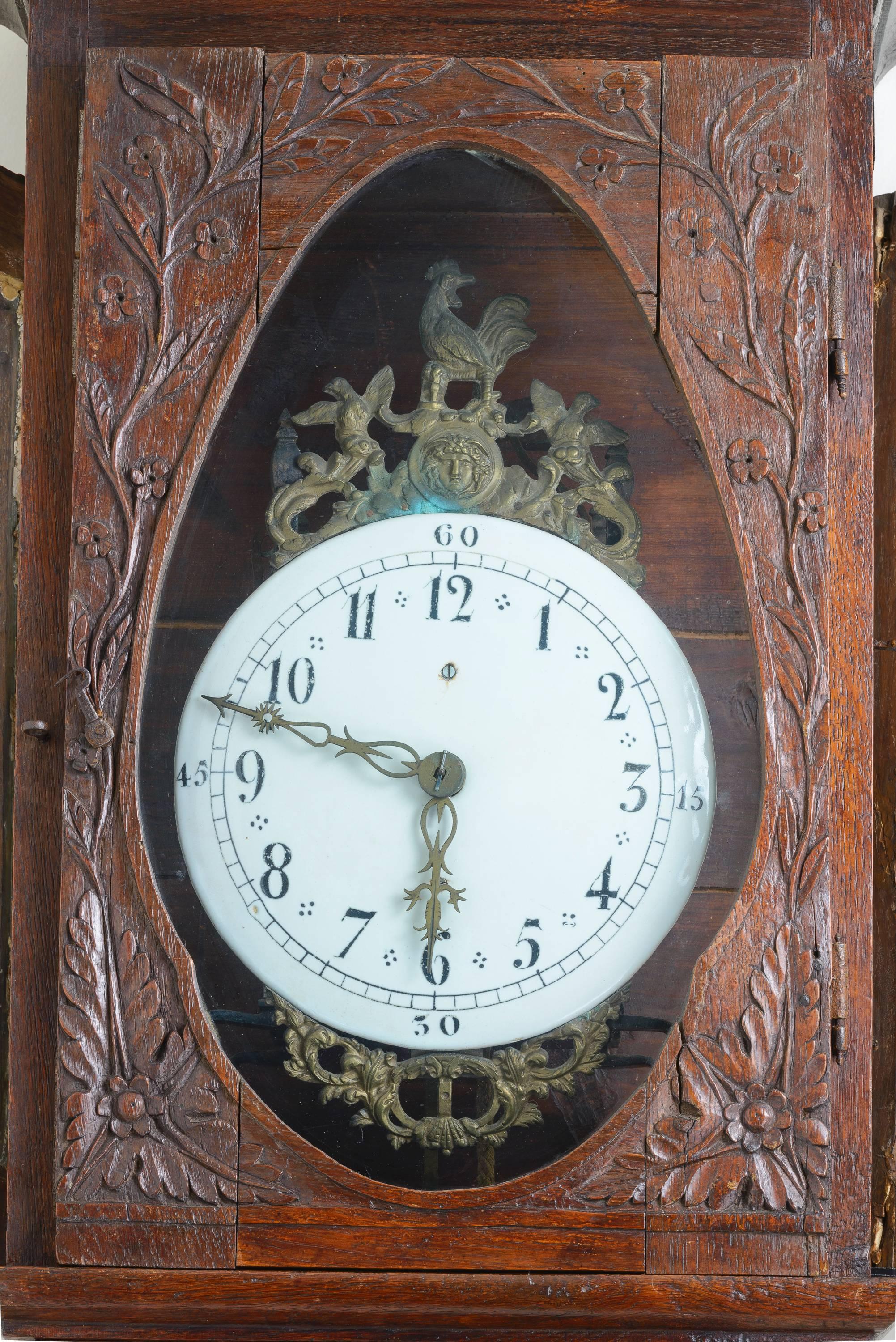 17th Century French Oak Tall CaseClock with Brass Rooster and Faience Clock Face 2
