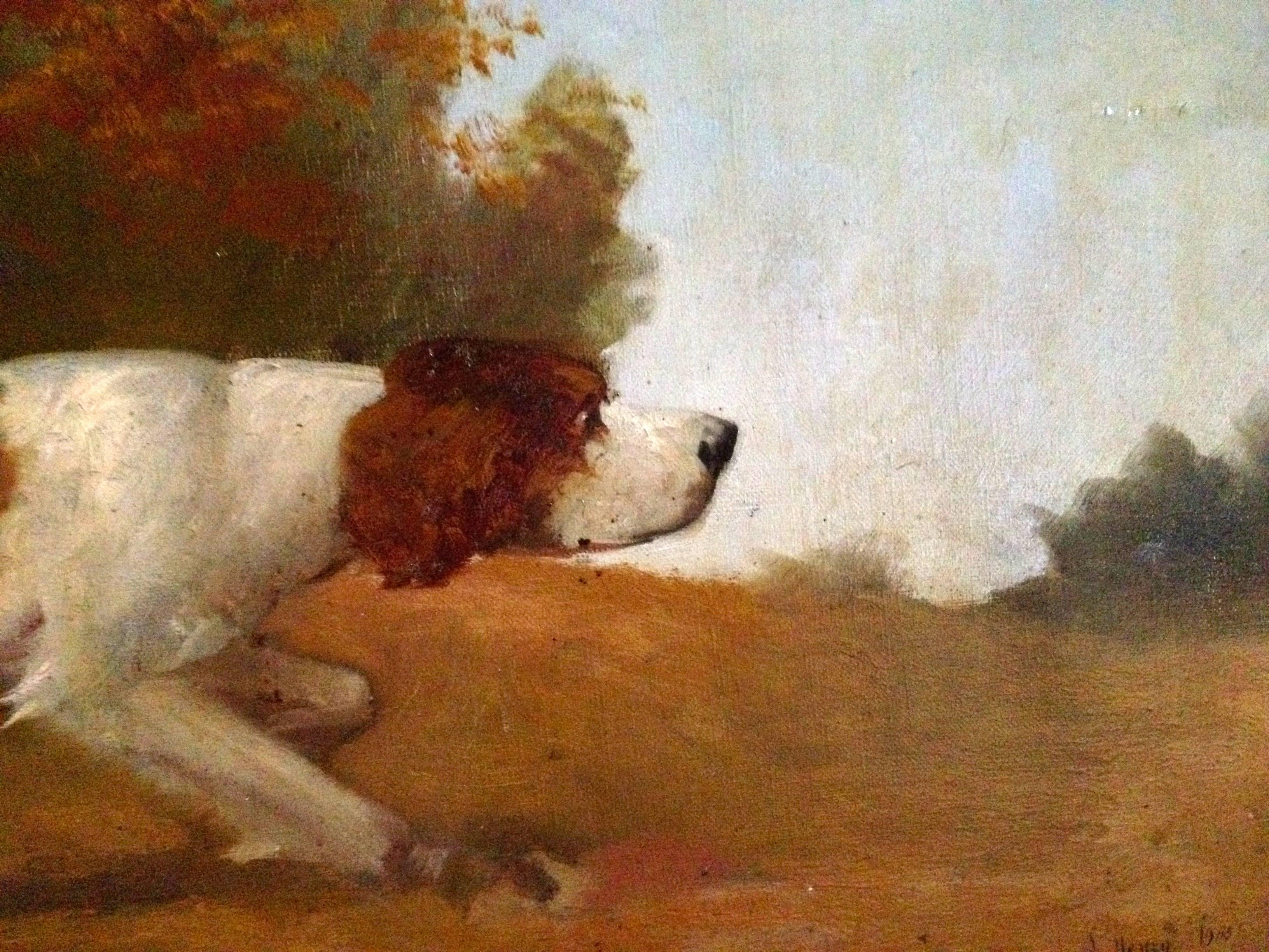 Primitive Early 20th Century French Painting of Hunting Dog on Canvas