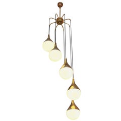 Large Pair of Stilnovo Style Cascading Chandeliers with Brass and Glass Shades