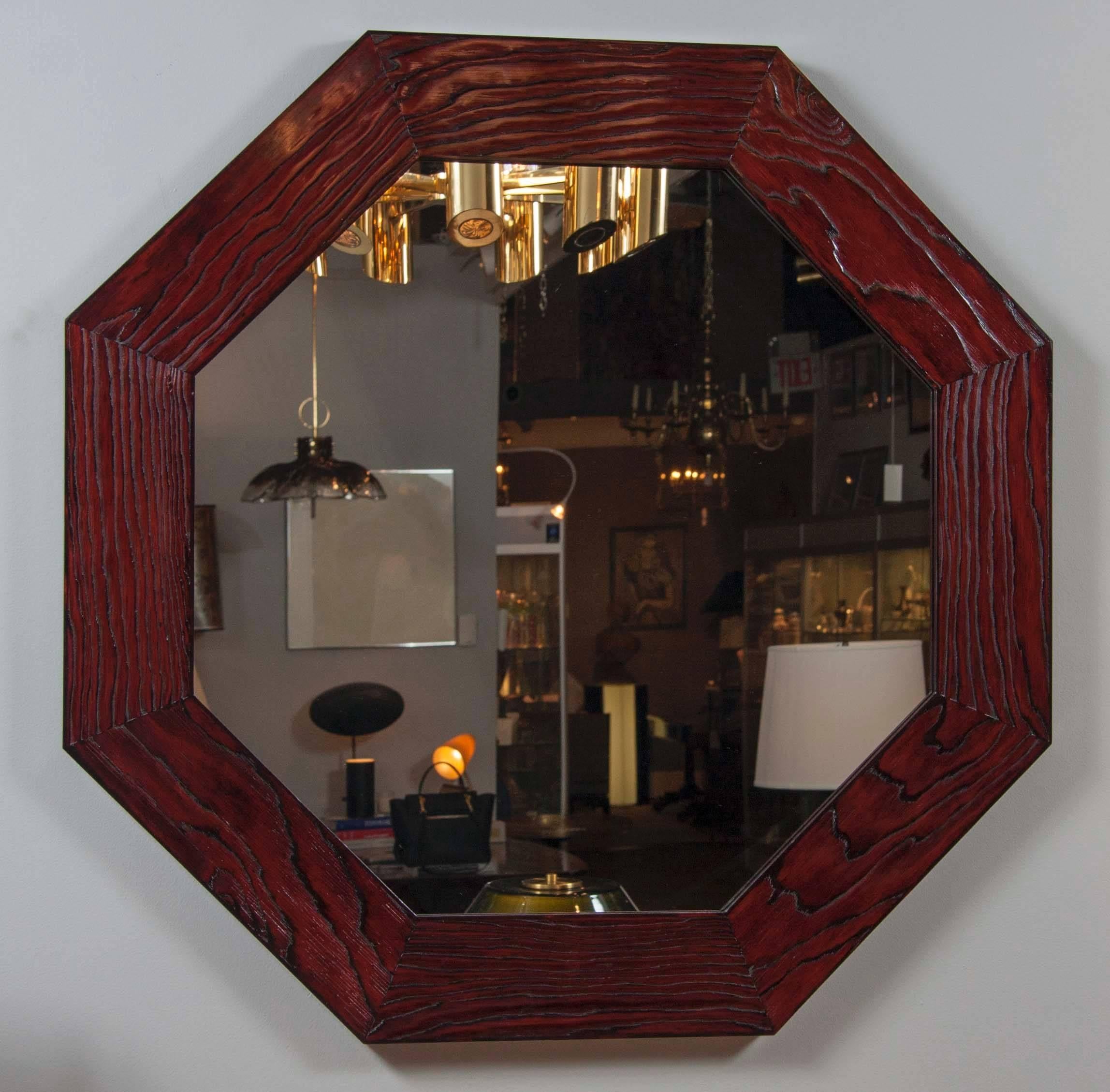 Pair of Oak octagon mirrors, wire brushed and lacquered in deep burgundy, using the technique of legend Eileen Gray. Custom colors and sizes available.
Absolutely incredible in person.