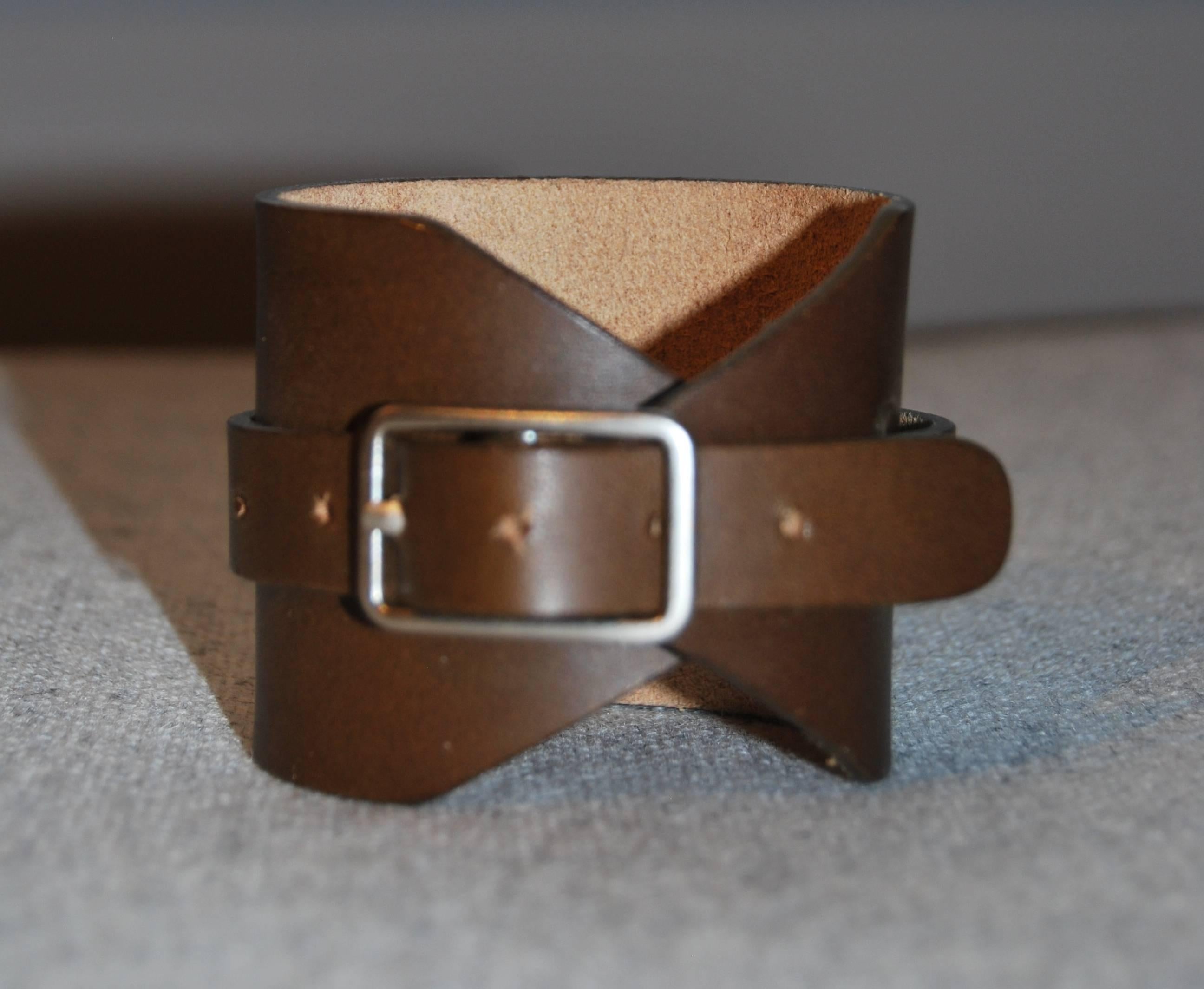 Vintage Sterling Georg Jensen Leather Cuff In Excellent Condition In New York, NY