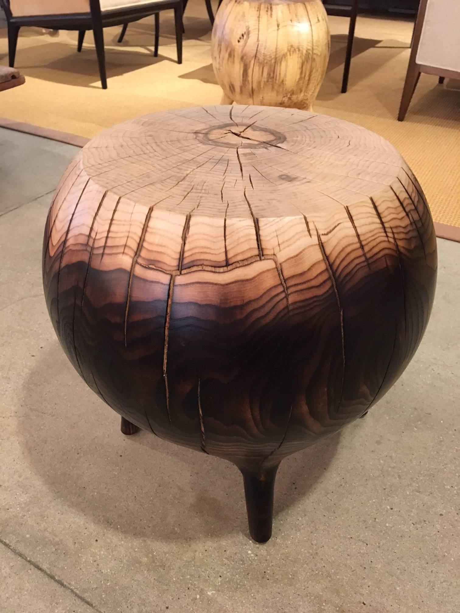Hand-sculpted side table in ombre, by contemporary artist Caleb Woodard, 2015. The ombré effect is created by a controlled charring process often referred to as 