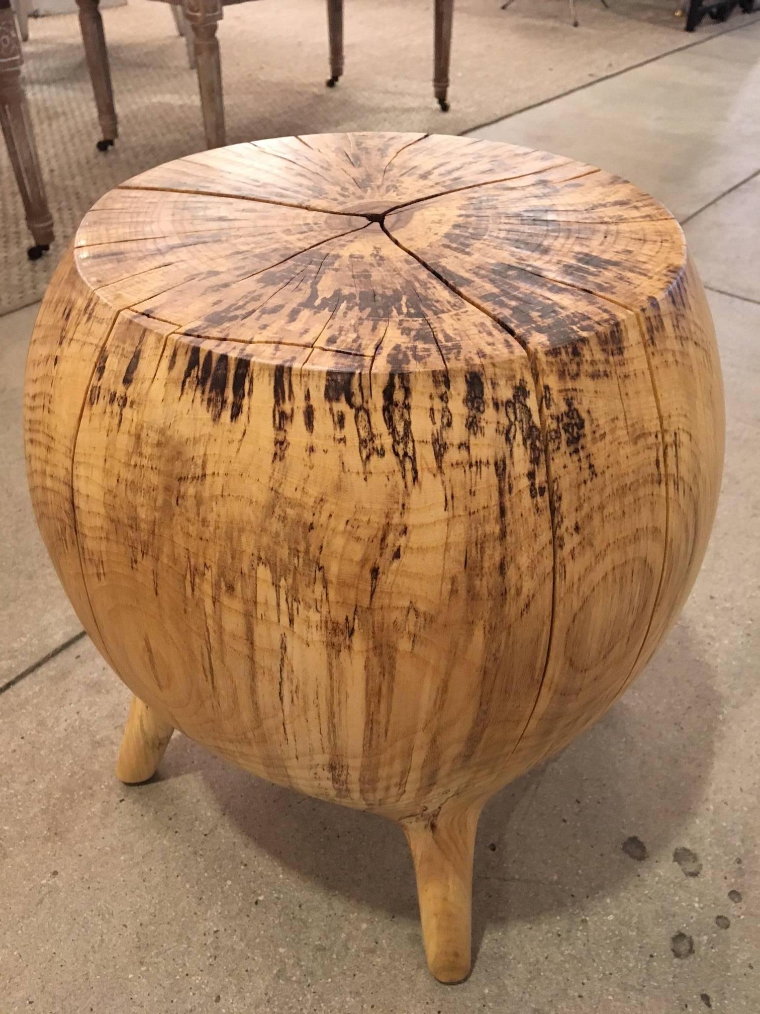 Hand-sculpted side table in spalted hackberry by contemporary artist Caleb Woodard 2015. Amazing organic shape and grain.
Spalt is a fascinating effect caused by microorganisms and fungi in wood, creating an abstract expression of dark lines and