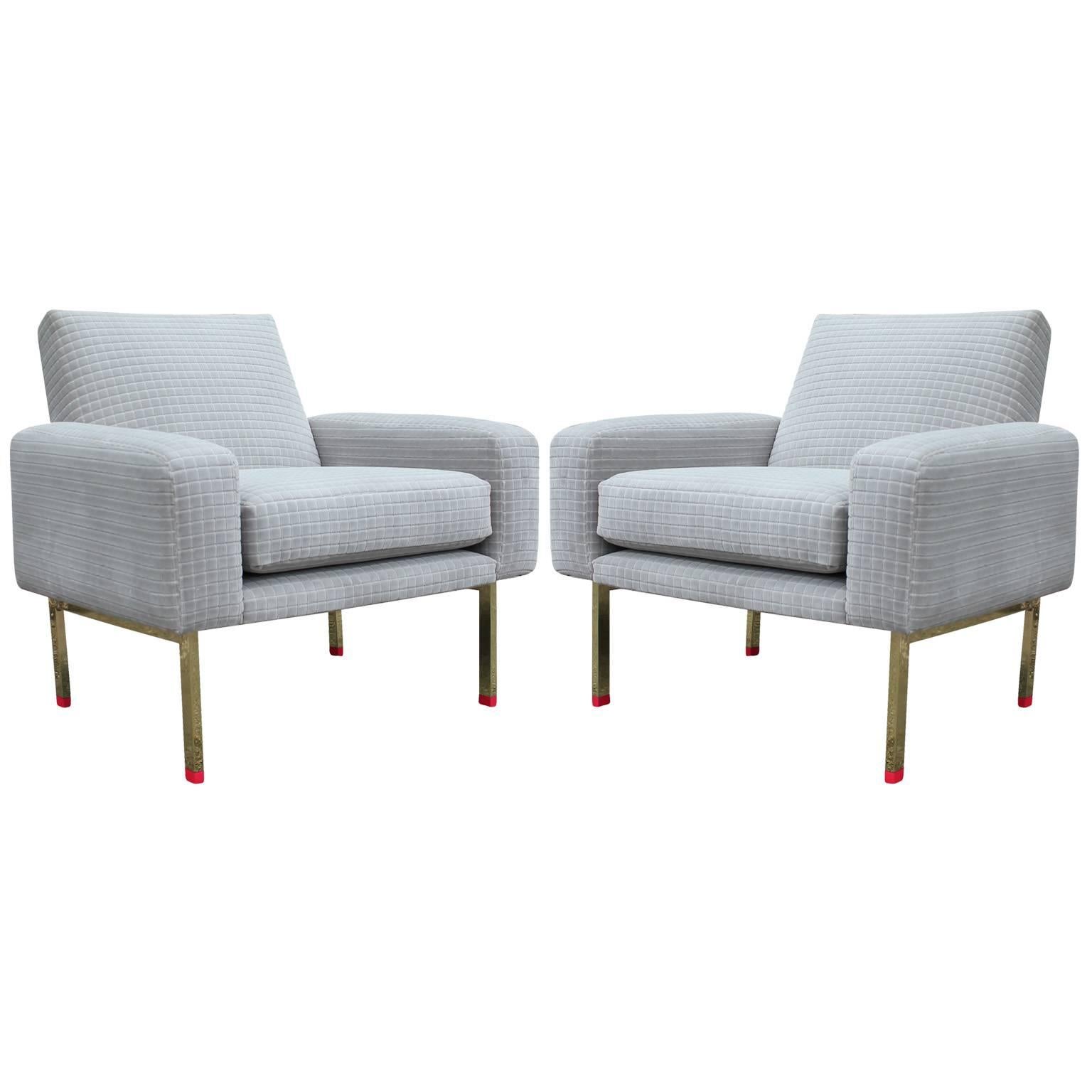 Pair of Modern Light Grey Velvet and Brass Italian Lounge Chairs