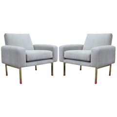 Vintage Pair of Modern Light Grey Velvet and Brass Italian Lounge Chairs