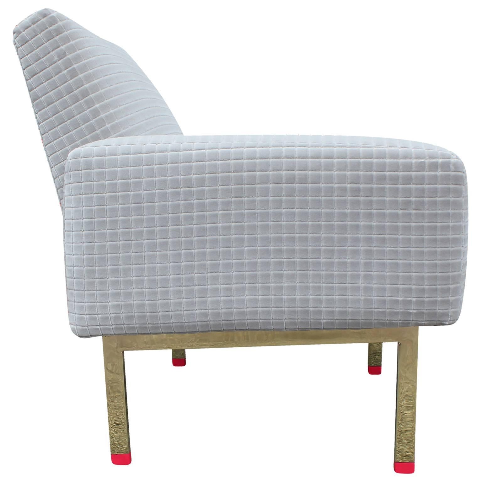 Mid-20th Century Pair of Modern Light Grey Velvet and Brass Italian Lounge Chairs