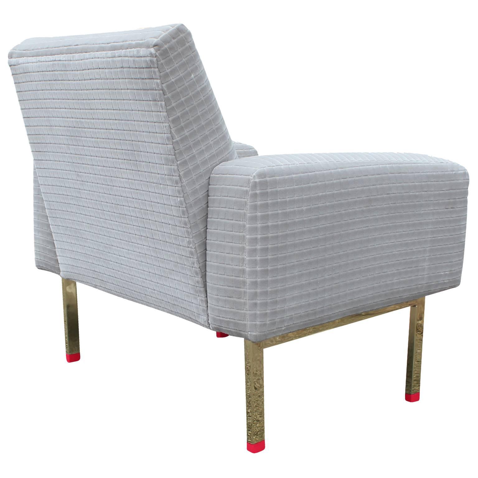 Pair of Modern Light Grey Velvet and Brass Italian Lounge Chairs 1