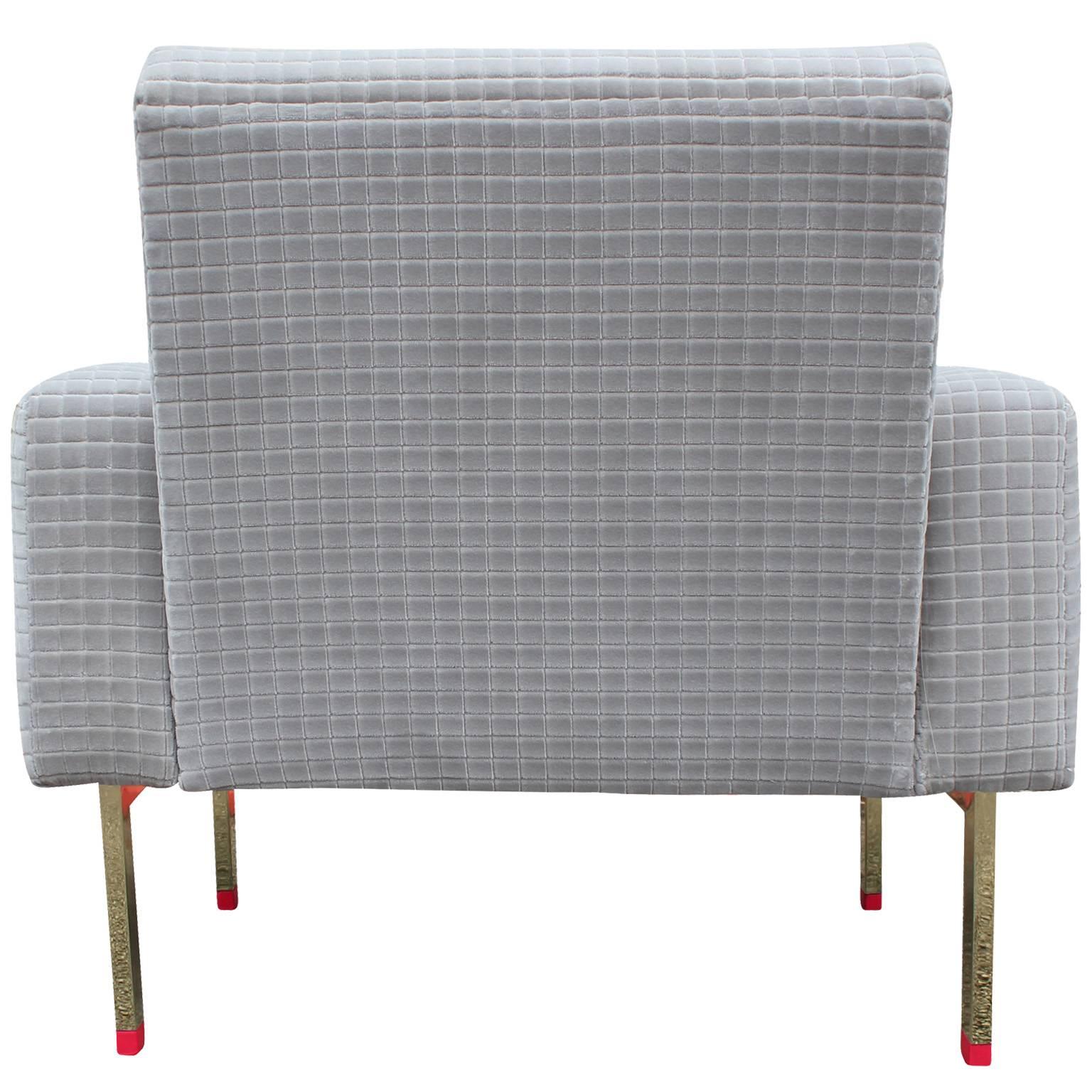 Pair of Modern Light Grey Velvet and Brass Italian Lounge Chairs 2