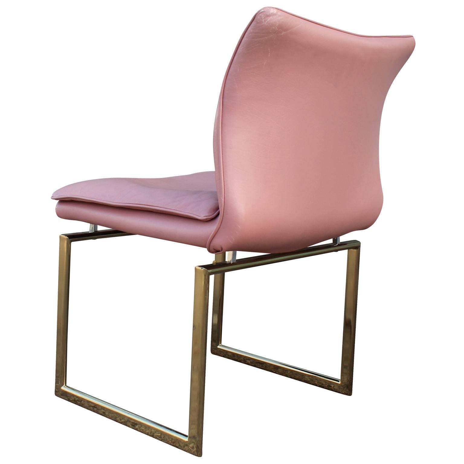 Hollywood Regency Modern Set of Six Brass and Pink Leather Dining Chairs