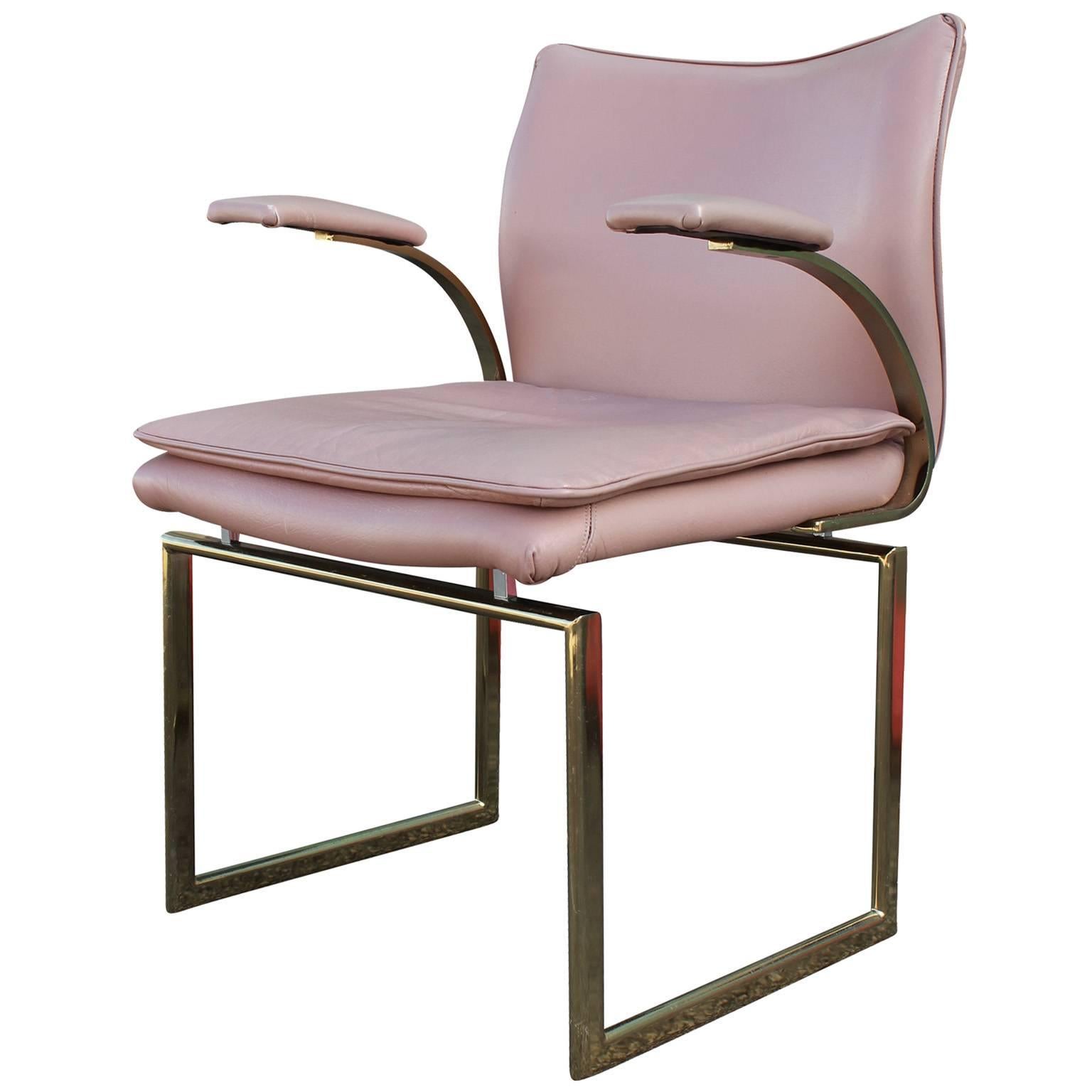 Modern Set of Six Brass and Pink Leather Dining Chairs In Good Condition In Houston, TX