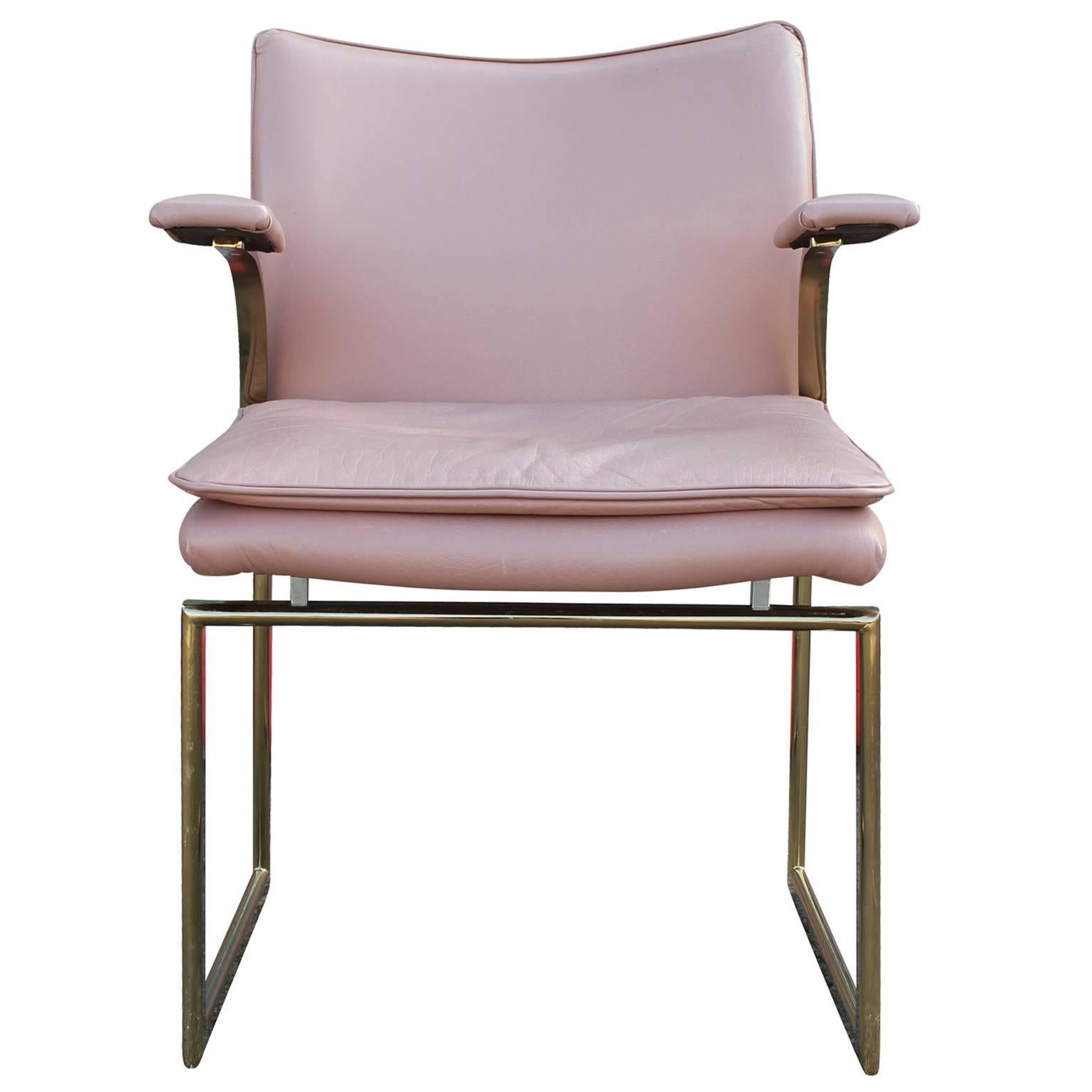 English Modern Set of Six Brass and Pink Leather Dining Chairs