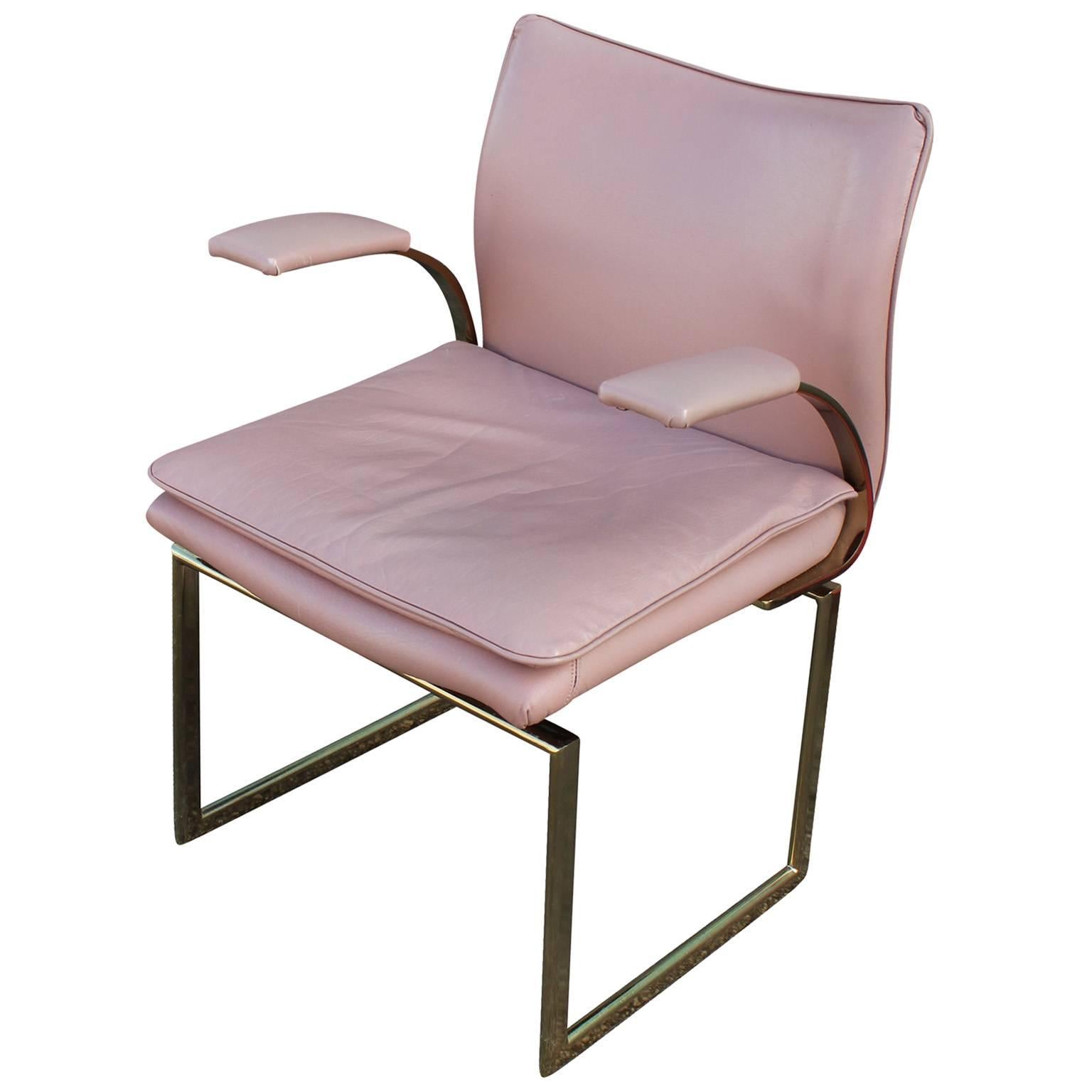 Late 20th Century Modern Set of Six Brass and Pink Leather Dining Chairs