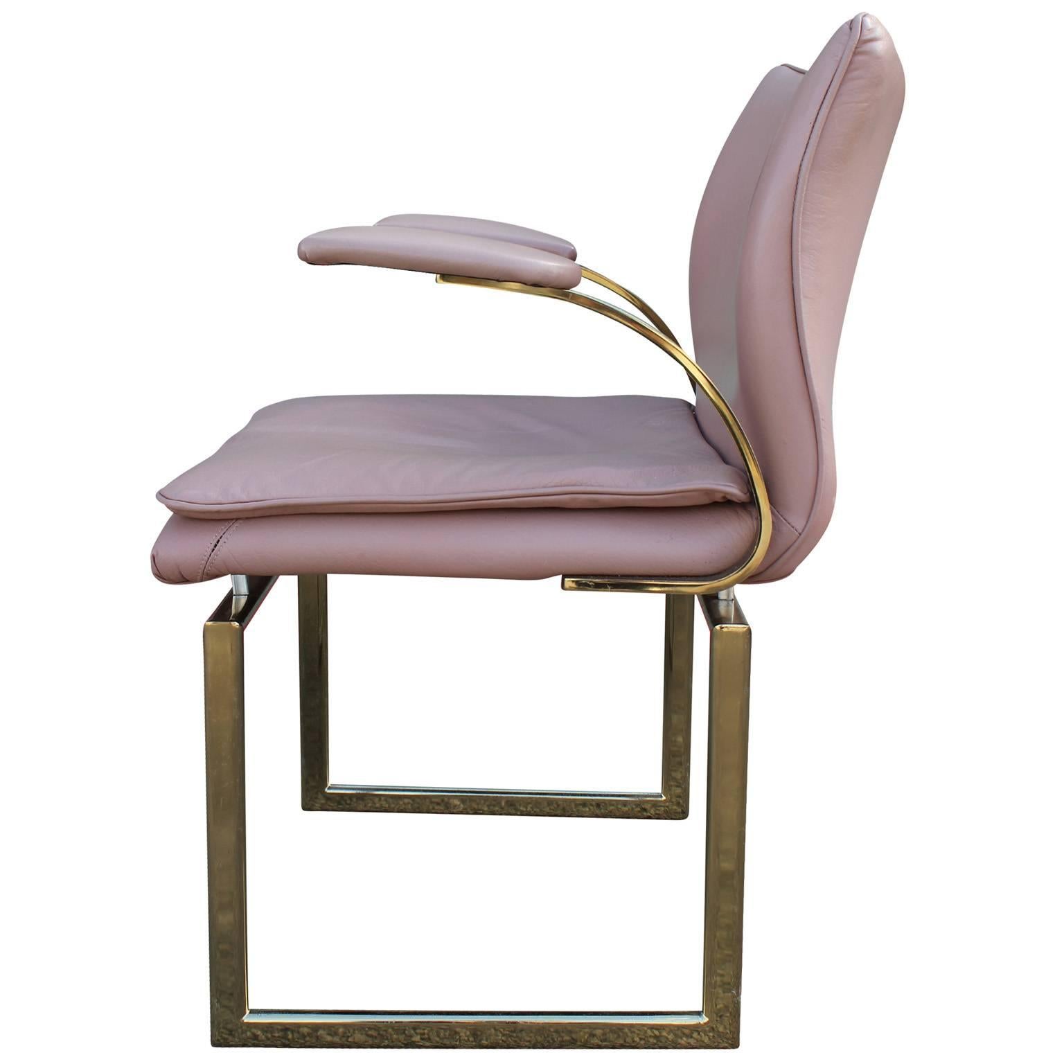 Modern Set of Six Brass and Pink Leather Dining Chairs 1