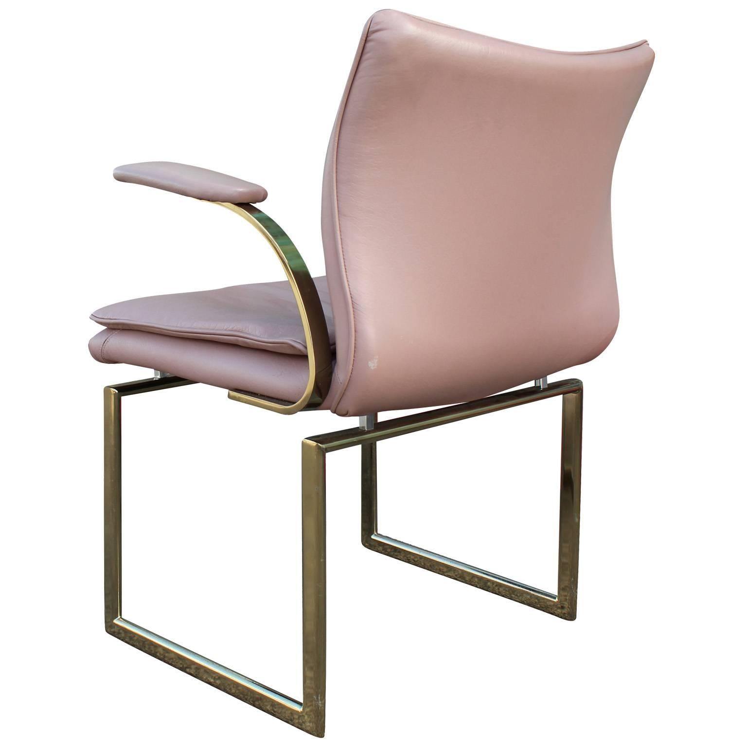 Modern Set of Six Brass and Pink Leather Dining Chairs 2