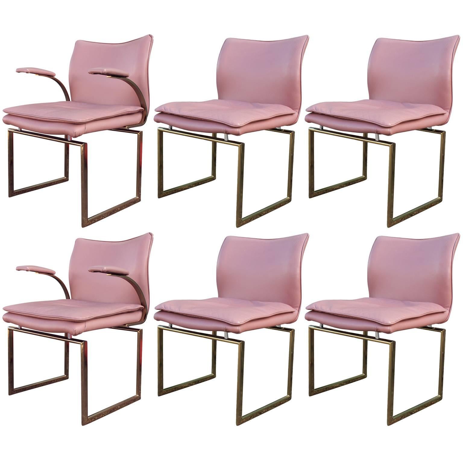 Modern Set of Six Brass and Pink Leather Dining Chairs