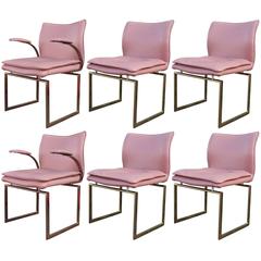 Modern Set of Six Brass and Pink Leather Dining Chairs
