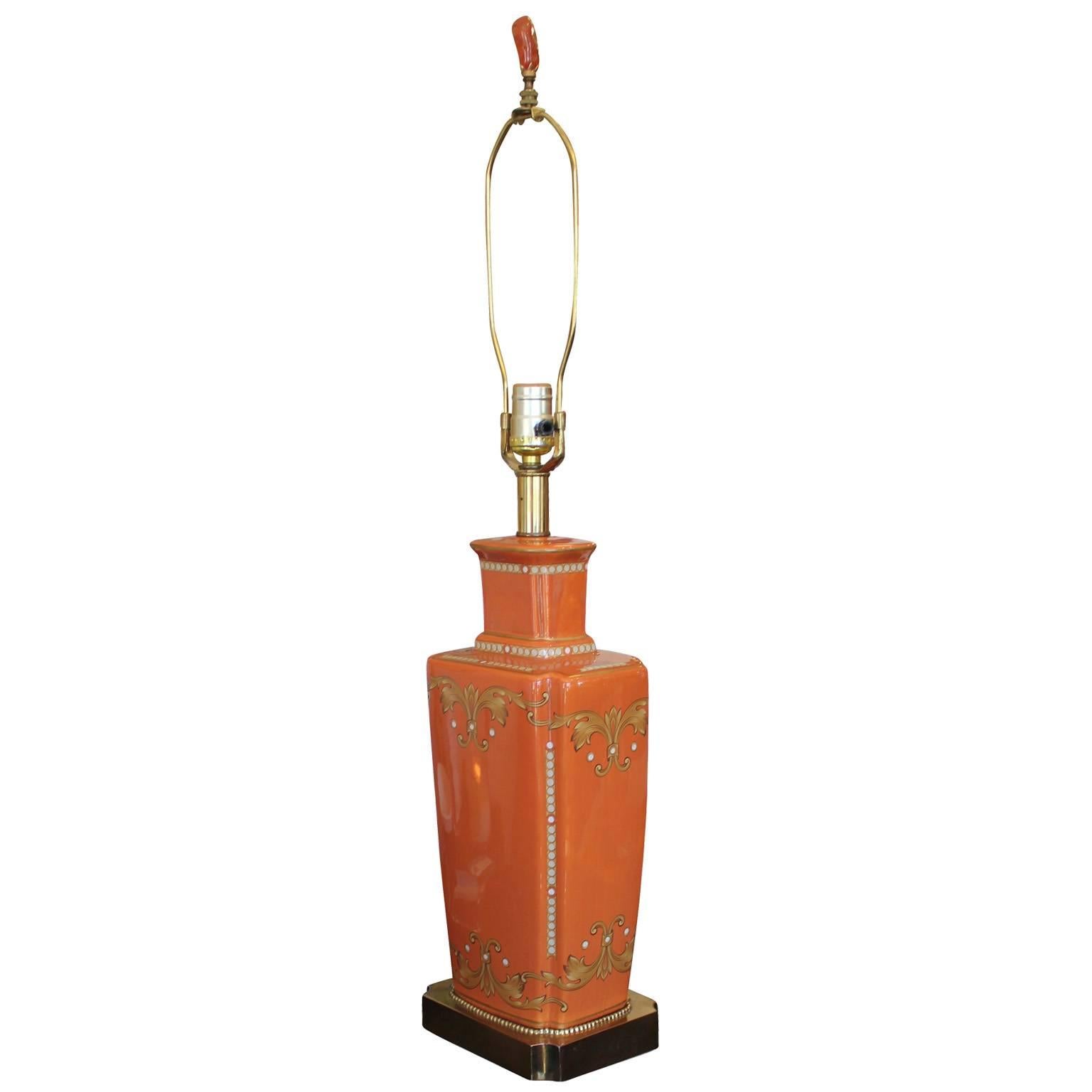 Hollywood Regency Pair of Vintage Orange Lamps with Shiny Brass and Amber Accents