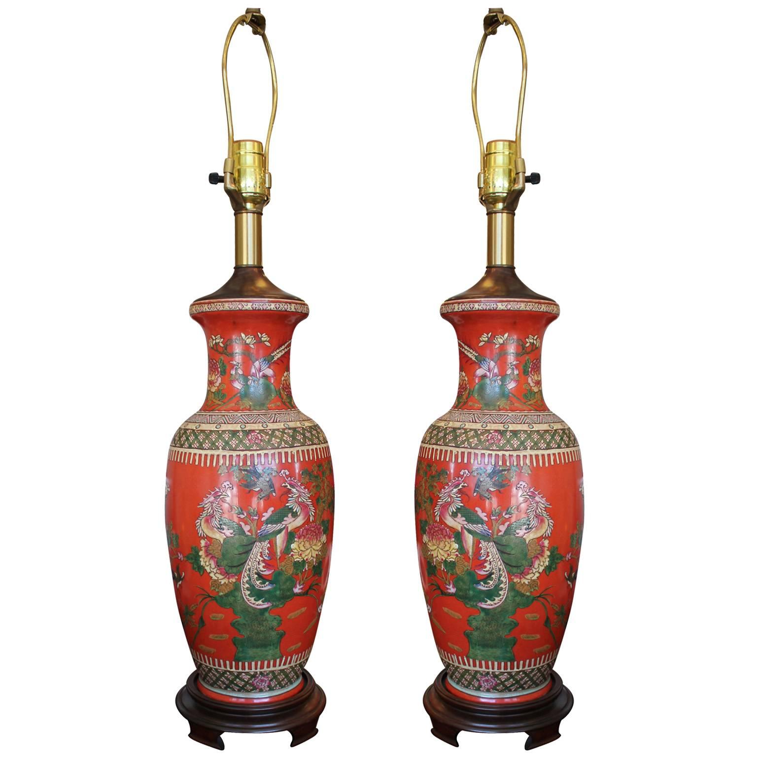 Dramatic Pair of Labarge Chinese Bird Lamps