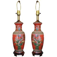 Dramatic Pair of Labarge Chinese Bird Lamps