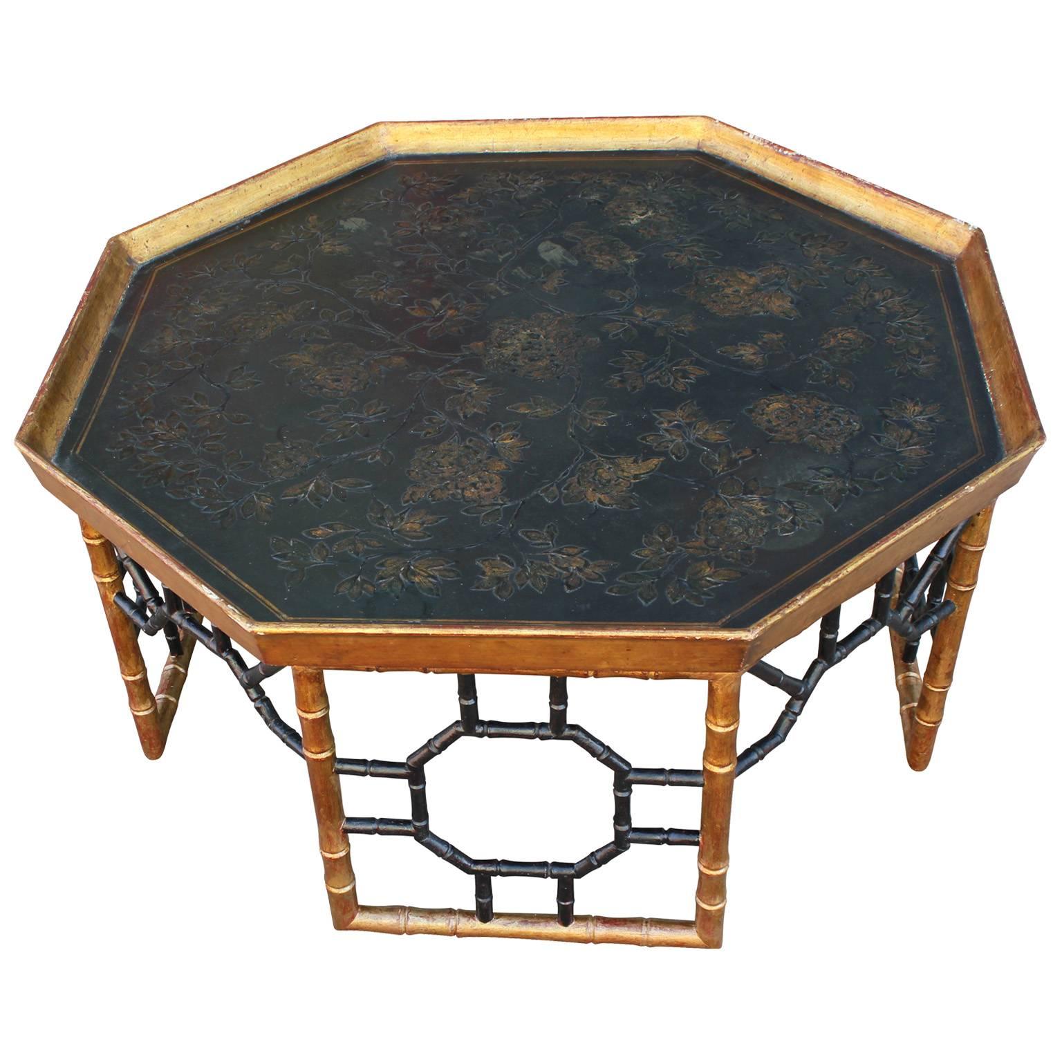 Hollywood Regency Elegant Italian Faux Bamboo Gold Leafed Tray Coffee Table