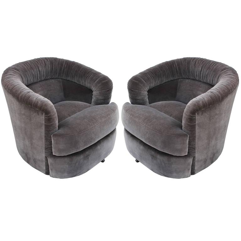 Incedible Pair of Swivel Lounge Chairs in Grey Velvet at 1stDibs